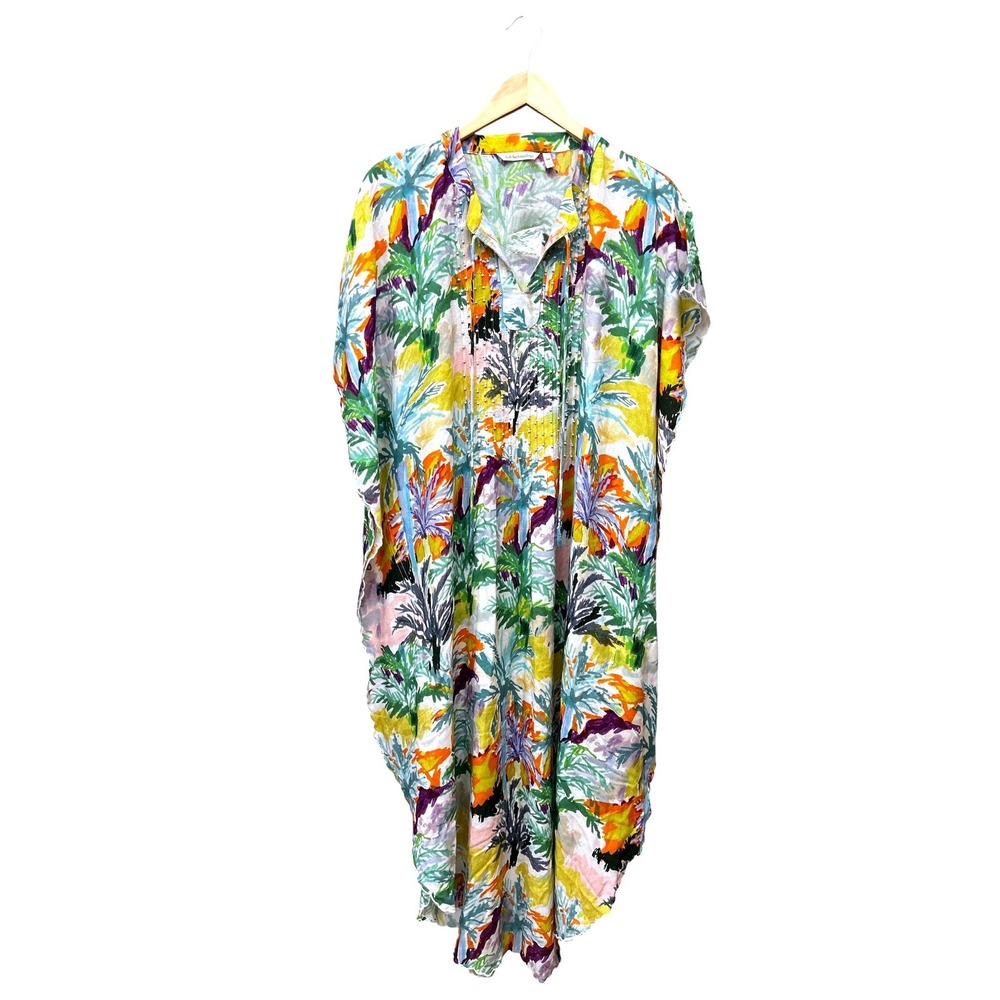 Soft Surroundings Tropical Palm Tree Beaded Kaftan Dress S/M 2FB11 Multicolor
